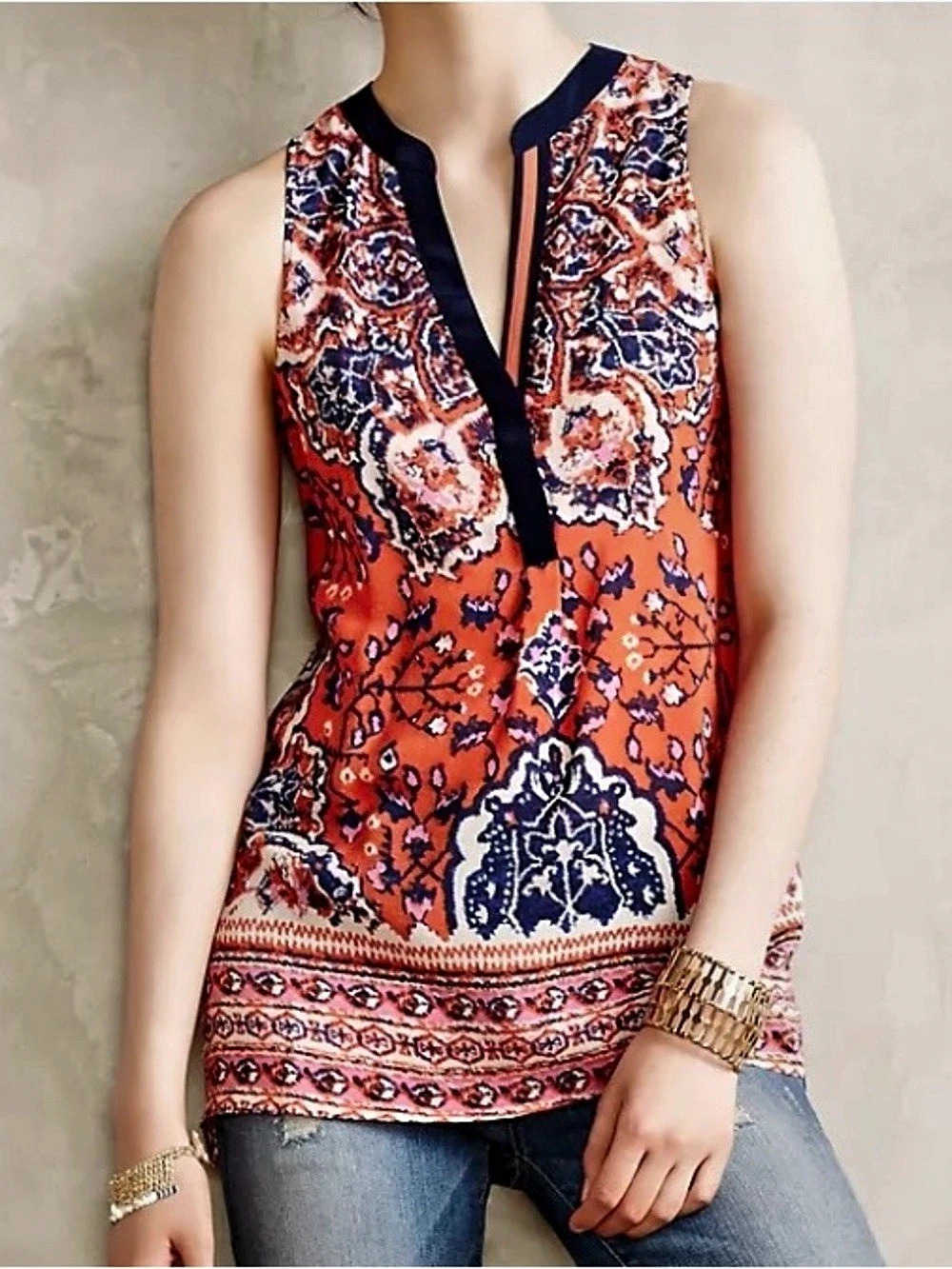 Fleur Bleue Paisley Sleeveless Blouse Orange & Blue Small